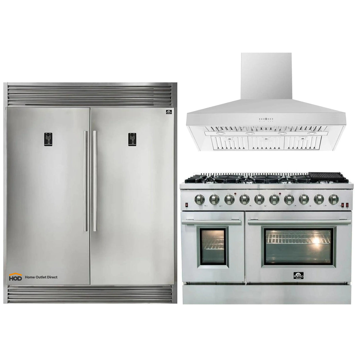 Forno 3-Piece Appliance Package - 48-Inch Gas Range, 56-Inch Pro-Style Refrigerator & Wall Mount Hood in Stainless Steel