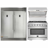 Forno 3-Piece Appliance Package - 36-Inch Gas Range, 56-Inch Pro-Style Refrigerator & Wall Mount Hood with Backsplash in Stainless Steel