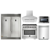 Forno 5-Piece Pro Appliance Package - 36-Inch Dual Fuel Range, 56-Inch Pro-Style Refrigerator, Wall Mount Hood, Microwave Drawer, & 3-Rack Dishwasher in Stainless Steel