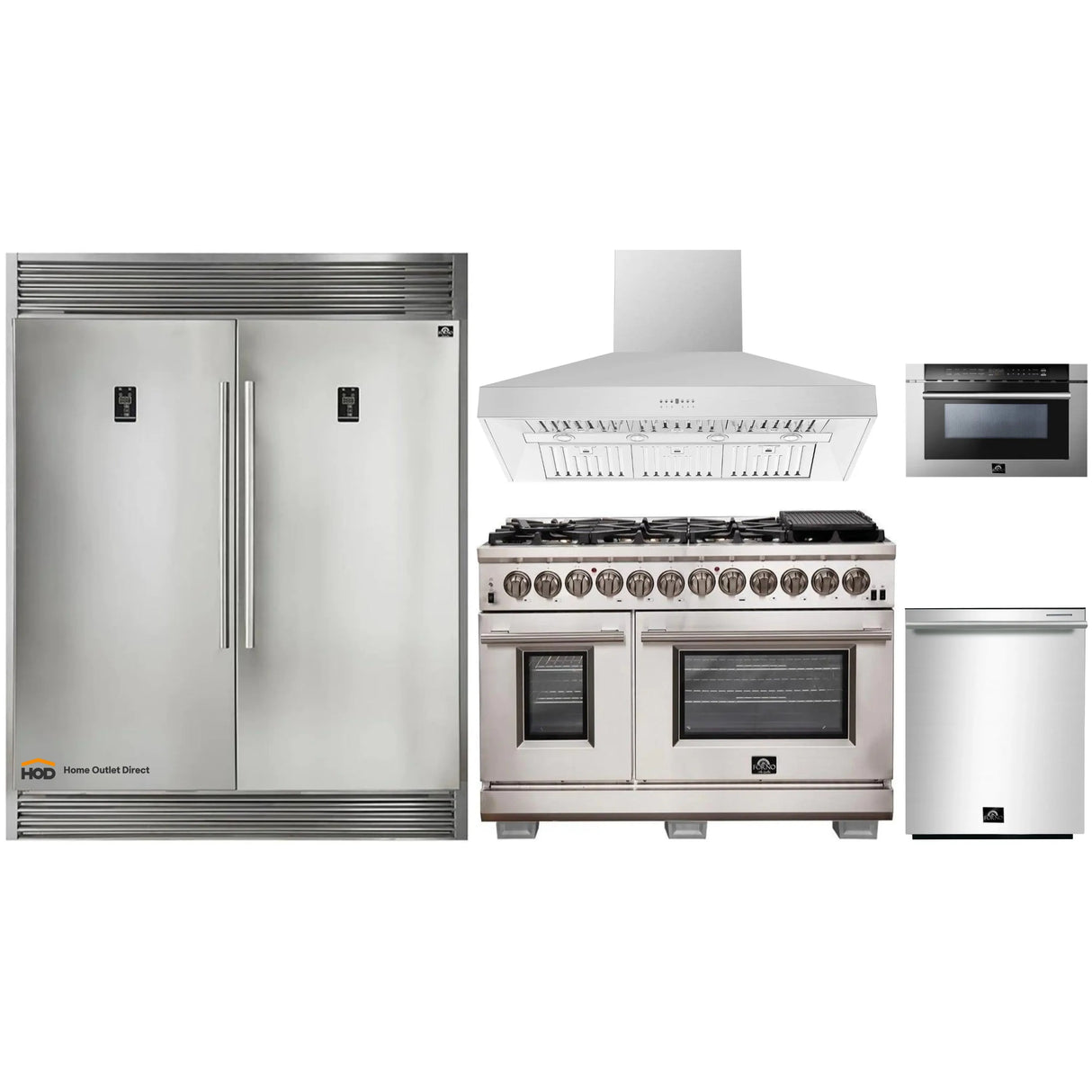 Forno 5-Piece Pro Appliance Package - 48-Inch Dual Fuel Range, 56-Inch Pro-Style Refrigerator, Wall Mount Hood, Microwave Drawer, & 3-Rack Dishwasher in Stainless Steel