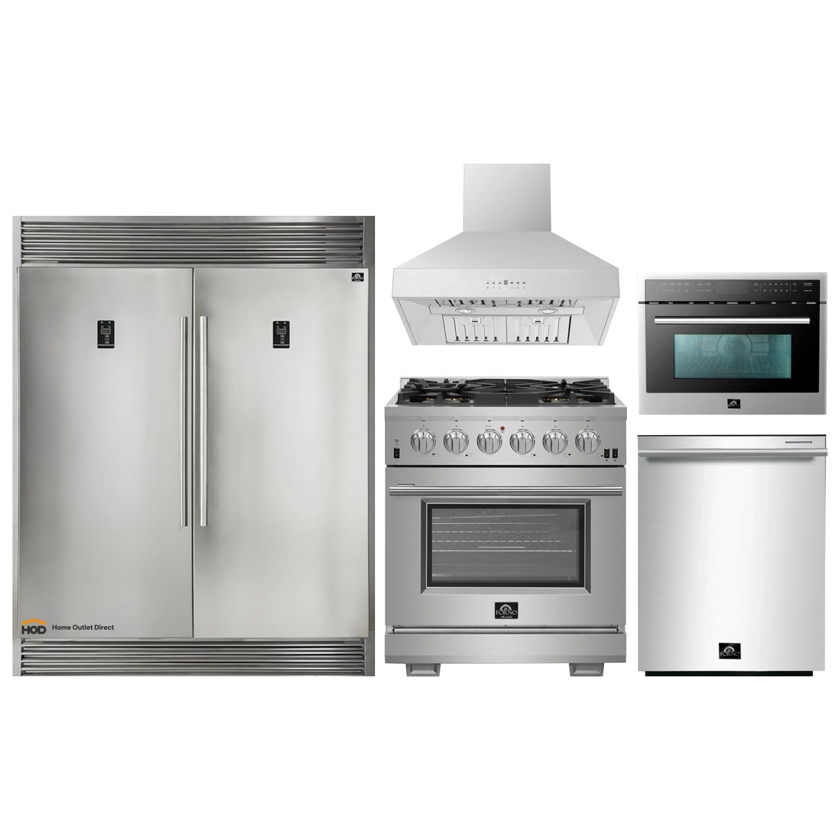 Forno 5-Piece Pro Appliance Package - 30-Inch Gas Range, 56-Inch Pro-Style Refrigerator, Wall Mount Hood, Microwave Oven, & 3-Rack Dishwasher in Stainless Steel
