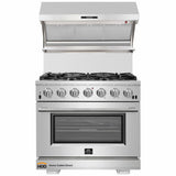 Forno 2-Piece Pro Appliance Package - 36-Inch Gas Range & Wall Mount Hood with Backsplash in Stainless Steel