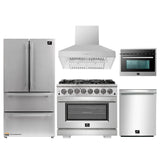 Forno 5-Piece Pro Appliance Package - 36-Inch Dual Fuel Range, Refrigerator, Wall Mount Hood, Microwave Oven, & 3-Rack Dishwasher in Stainless Steel