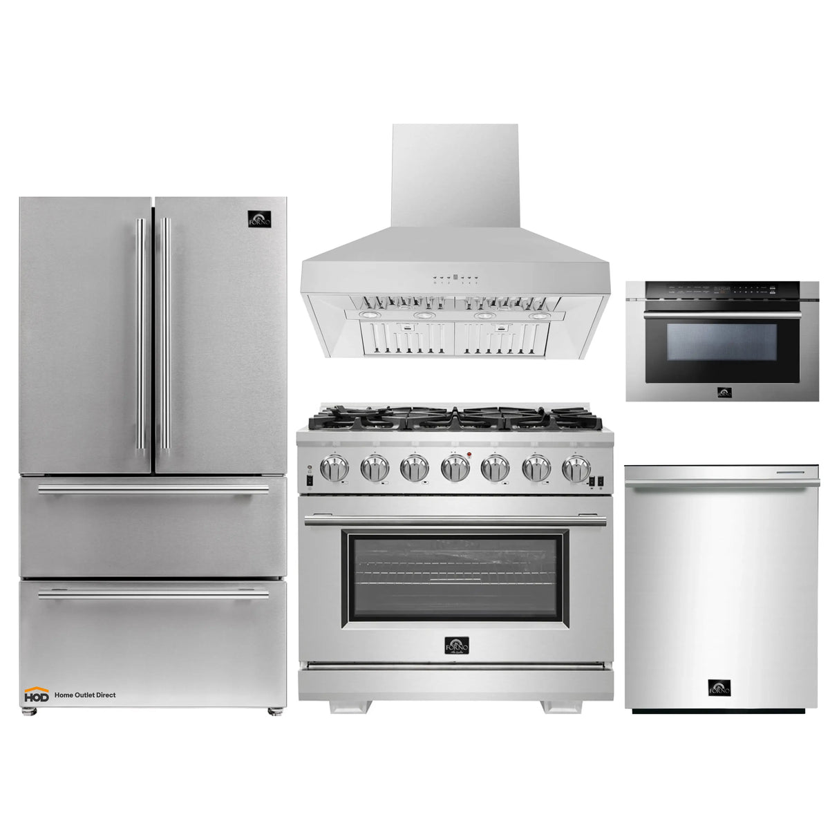 Forno 5-Piece Pro Appliance Package - 36-Inch Gas Range, Refrigerator, Wall Mount Hood, Microwave Drawer, & 3-Rack Dishwasher in Stainless Steel