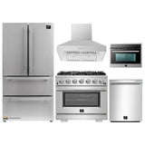 Forno 5-Piece Pro Appliance Package - 36-Inch Gas Range, Refrigerator, Wall Mount Hood, Microwave Oven, & 3-Rack Dishwasher in Stainless Steel