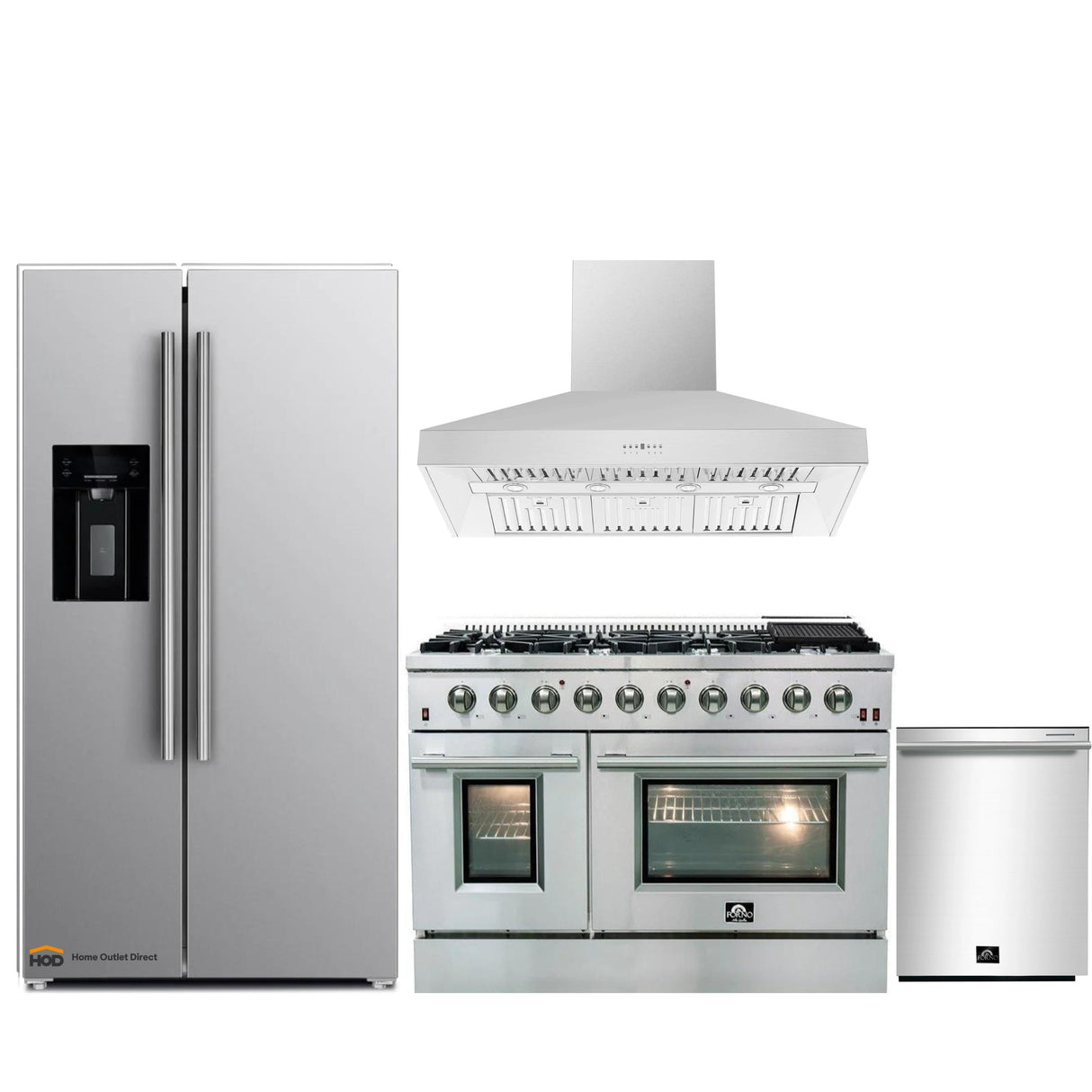 Forno 4-Piece Appliance Package - 48-Inch Gas Range, Refrigerator with Water Dispenser, Wall Mount Hood, & 3-Rack Dishwasher in Stainless Steel