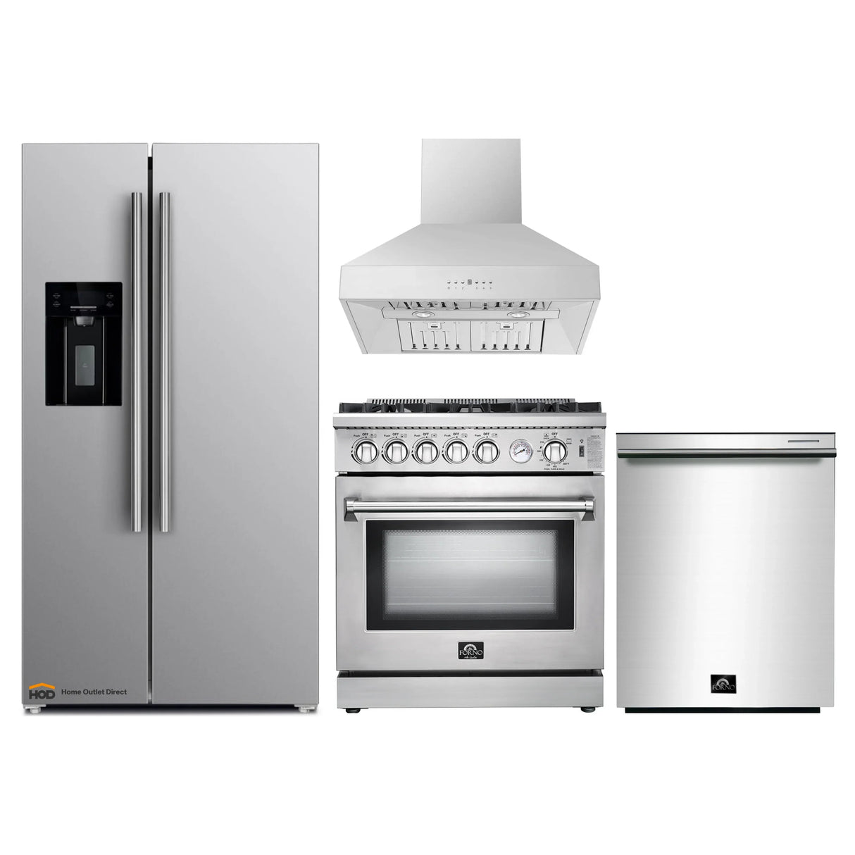 Forno 4-Piece Appliance Package - 30-Inch Gas Range, Refrigerator with Water Dispenser, Wall Mount Hood, & 3-Rack Dishwasher in Stainless Steel