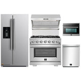 Forno 5-Piece Pro Appliance Package - 36-Inch Gas Range, Refrigerator with Water Dispenser, Wall Mount Hood with Backsplash, Microwave Oven, & 3-Rack Dishwasher in Stainless Steel