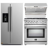 Forno 3-Piece Appliance Package - 30-Inch Gas Range, Refrigerator with Water Dispenser, & Wall Mount Hood with Backsplash in Stainless Steel
