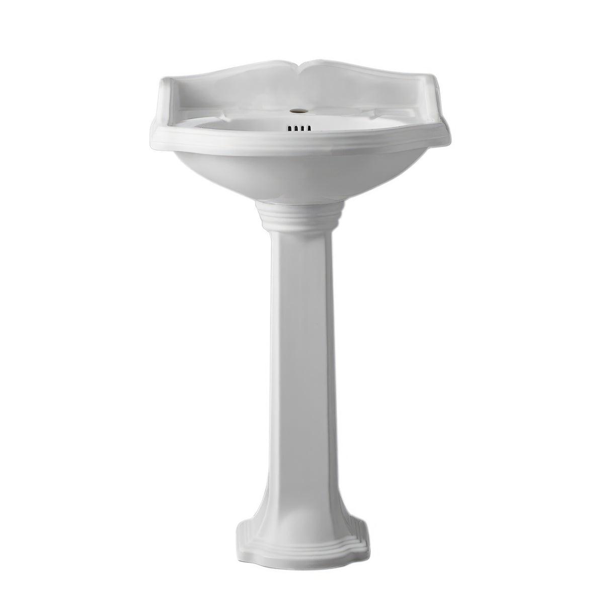 Isabella Collection Traditional Pedestal with an Integrated small oval bowl, Single Hole Faucet Drilling,Backsplash, Dual Soap Ledges, Decorative Trim and Overflow