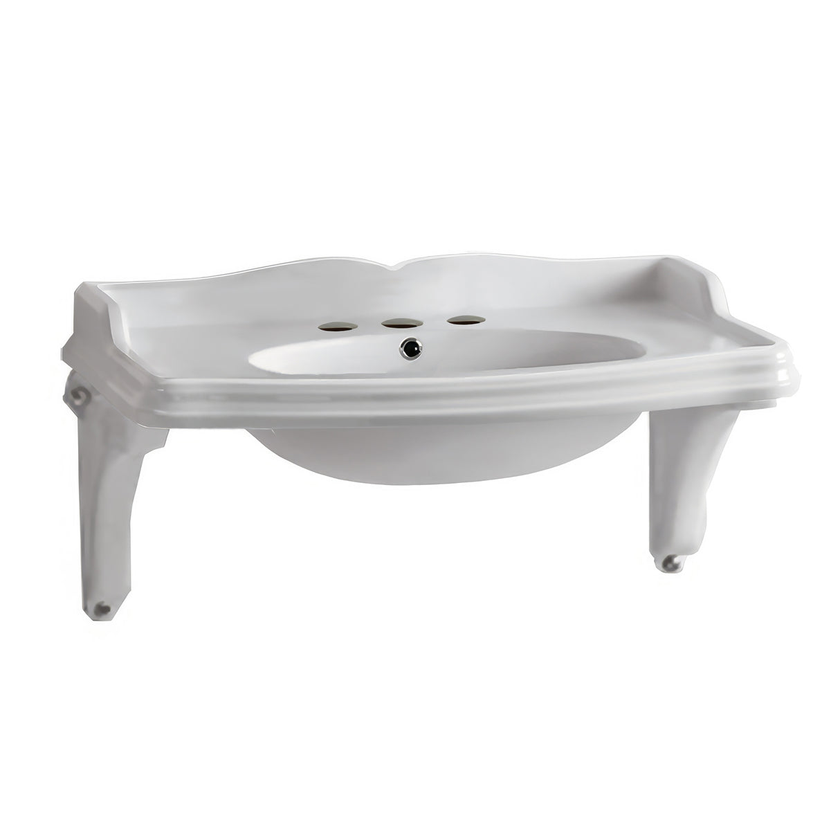 Isabella Collection Large Rectangular Wall Mount Basin with Integrated Oval Bowl, Widespread Faucet Drilling and Ceramic Shelf Supports