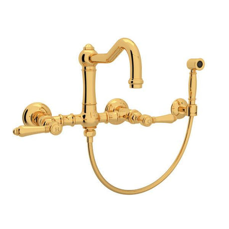 Acqui® Wall Mount Bridge Kitchen Faucet With Sidespray And Column Spout Italian Brass PoshHaus