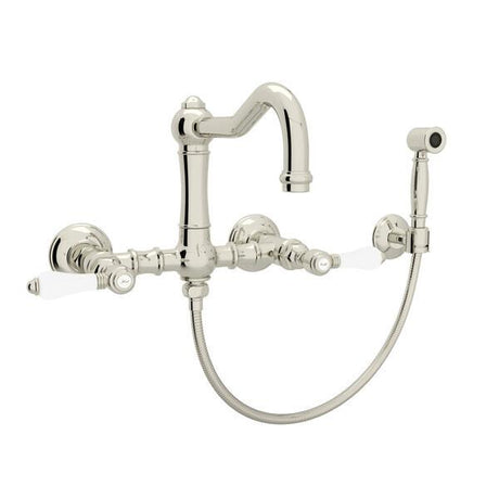 Acqui® Wall Mount Bridge Kitchen Faucet With Sidespray And Column Spout Polished Nickel PoshHaus