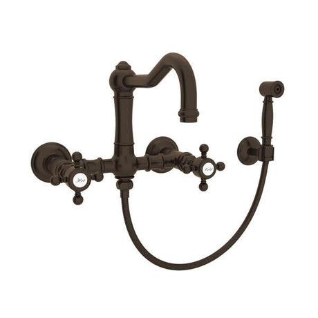 Acqui® Wall Mount Bridge Kitchen Faucet With Sidespray And Column Spout Tuscan Brass PoshHaus