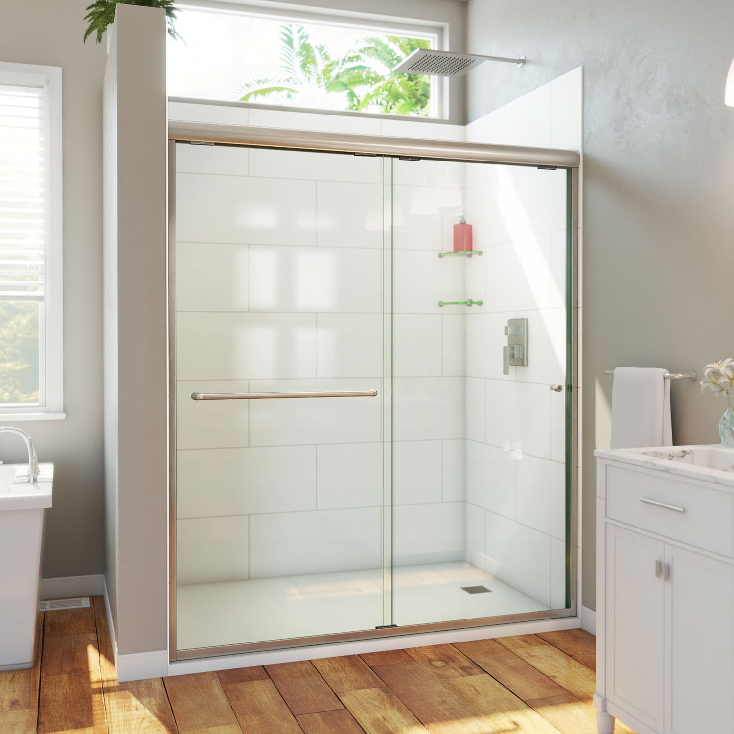 DreamLine Alliance Pro HV 56-60 in. W x 70 1/2 in. H Semi-Frameless Sliding Shower Door in Brushed Nickel and Clear Glass
