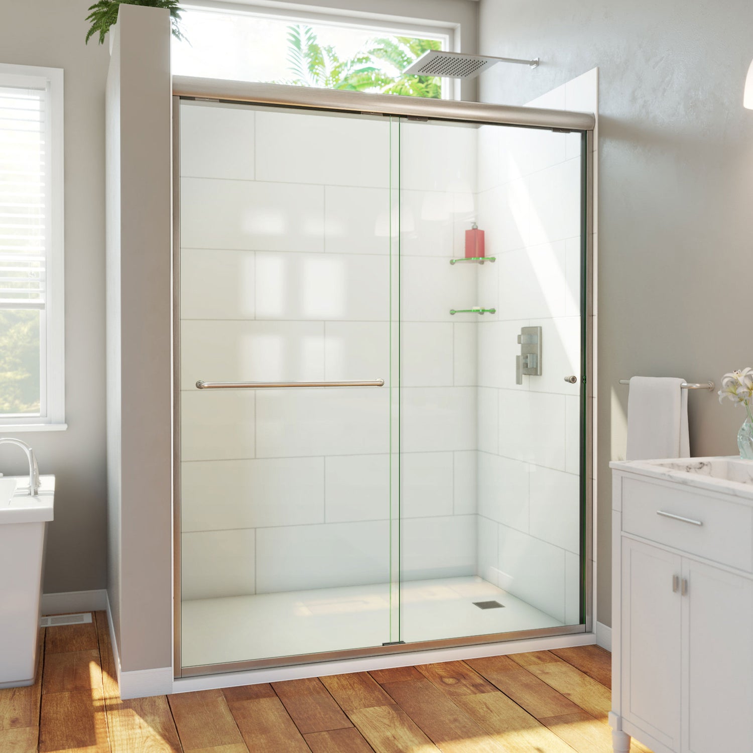 DreamLine Alliance Pro HV 56-60 in. W x 76 1/2 in. H Semi-Frameless Sliding Shower Door in Brushed Nickel and Clear Glass