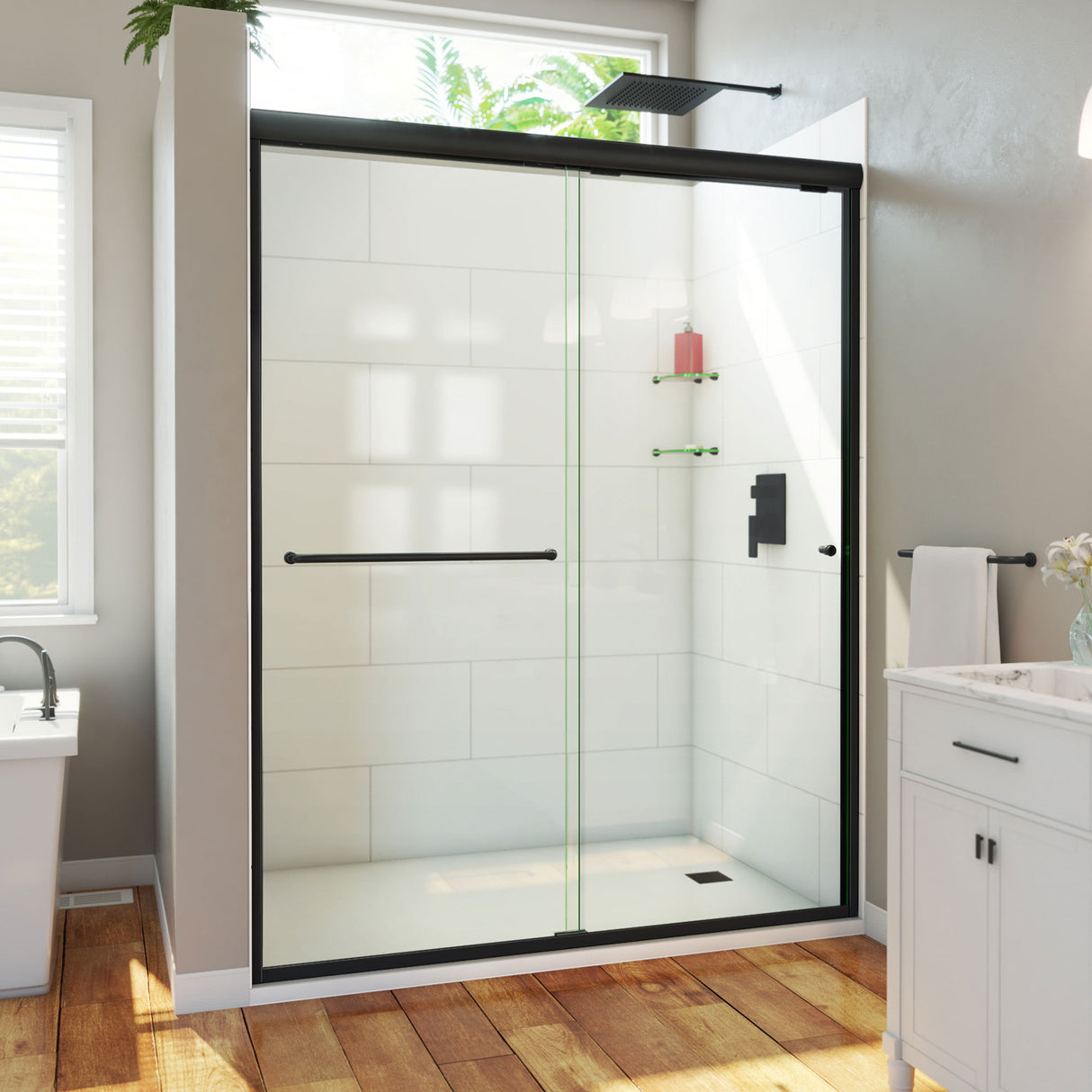 DreamLine Alliance Pro HV 56-60 in. W x 76 1/2 in. H Semi-Frameless Sliding Shower Door in Satin Black and Clear Glass