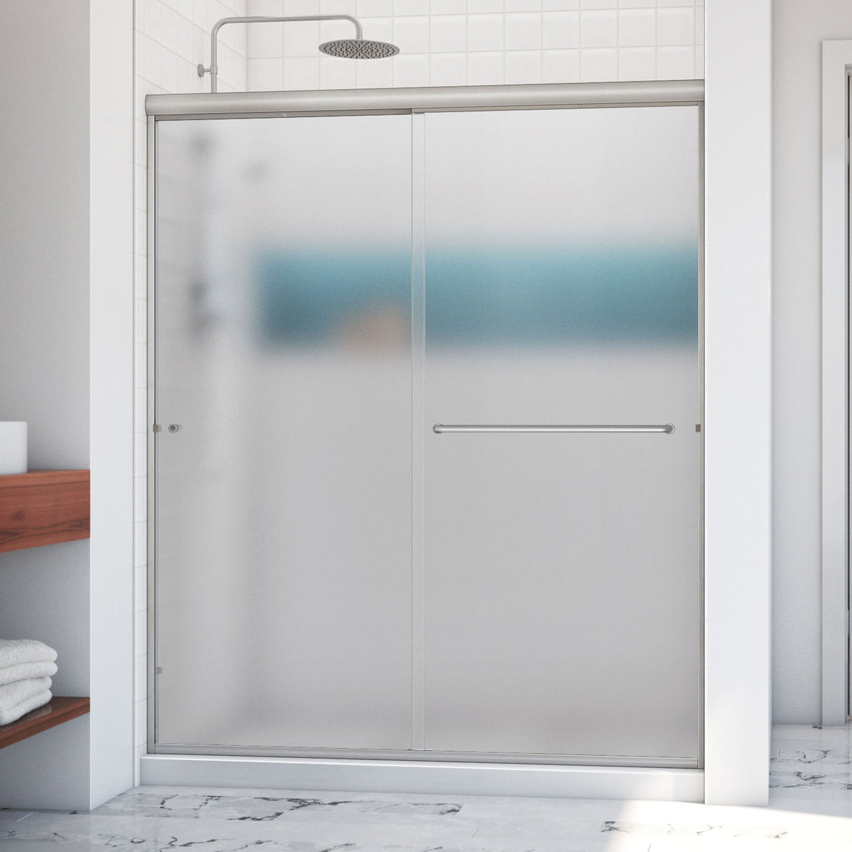 DreamLine Alliance Pro 56-60 in. W x 76 3/8 in. H Semi-Frameless Sliding Shower Door in Brushed Nickel and Obscure Glass