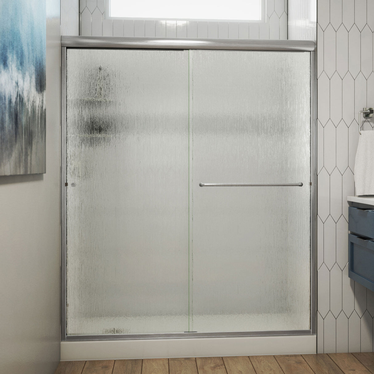 DreamLine Alliance Pro 56-60 in. W x 76 3/8 in. H Semi-Frameless Bypass Sliding Shower Door in Brushed Nickel and Rain Glass