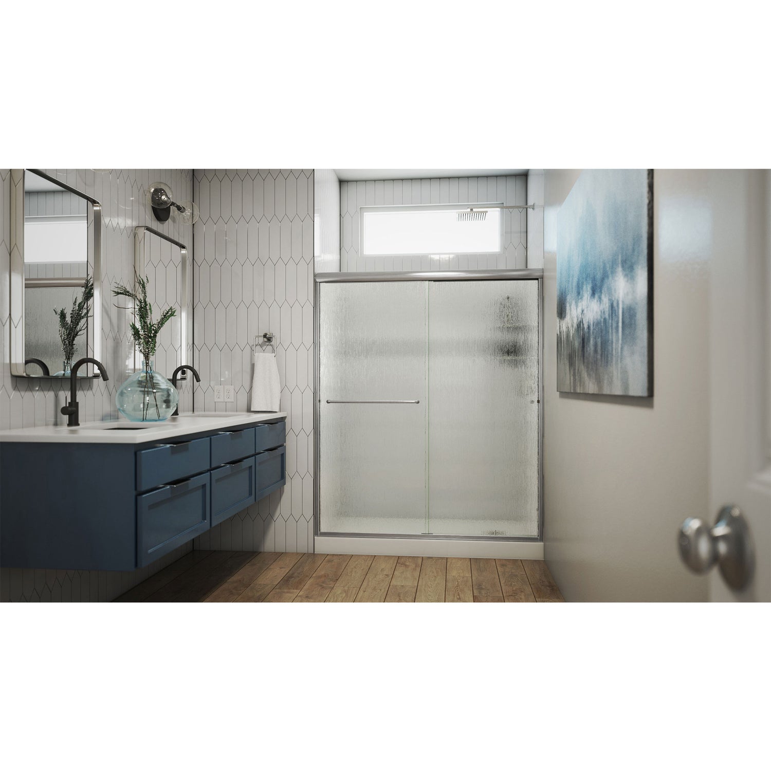 DreamLine Alliance Pro 56-60 in. W x 76 3/8 in. H Semi-Frameless Bypass Sliding Shower Door in Brushed Nickel and Rain Glass