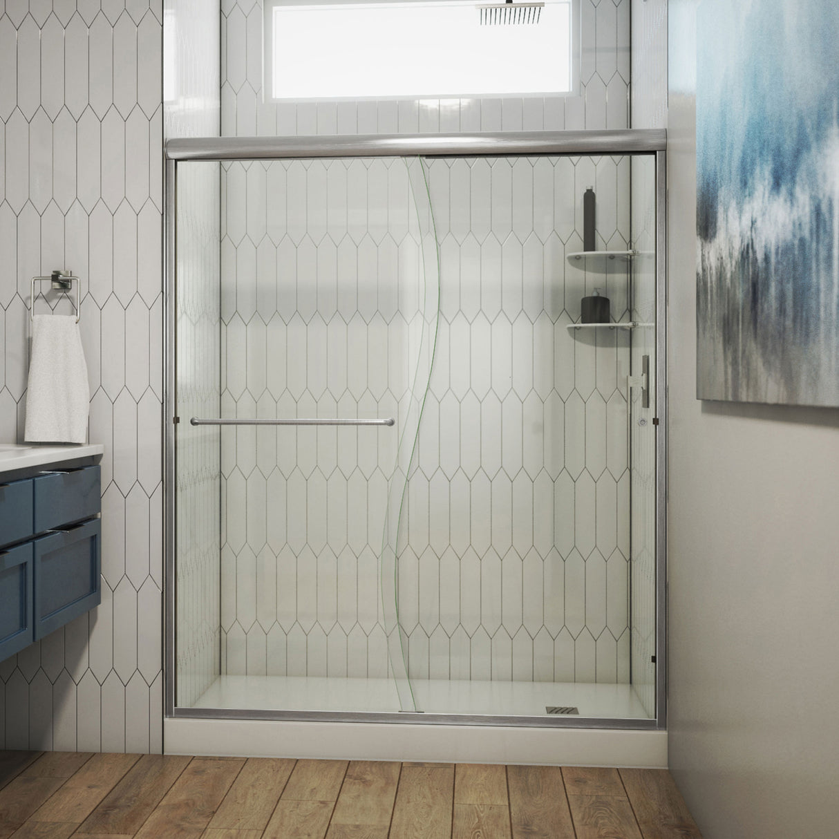 DreamLine Alliance Pro 56-60 in. W x 76 3/8 in. H Semi-Frameless Sliding Shower Door in Brushed Nickel and Curved Glass