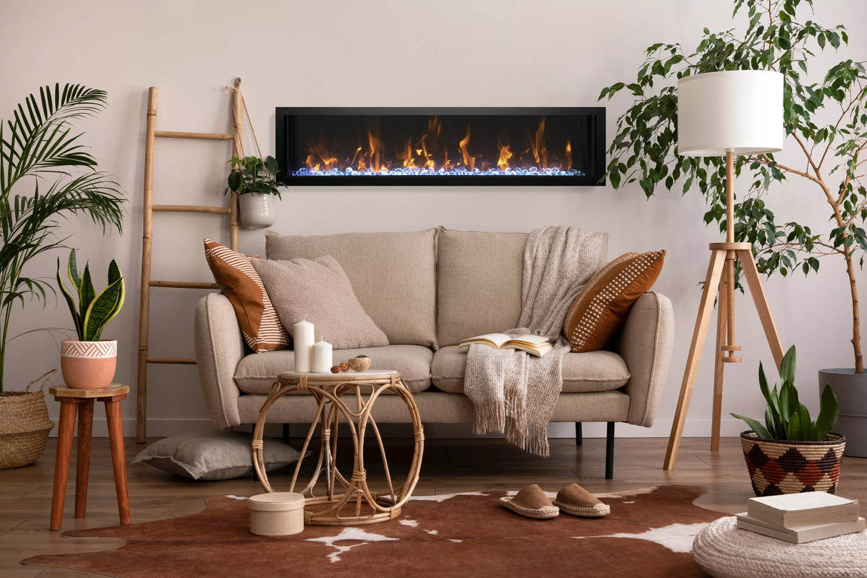 Amantii BI-60-SLIM-OD Panorama Slim Full View Smart Electric  - 60" Indoor /Outdoor WiFi Enabled Fireplace, featuring a MultiFunction Remote, Multi Speed Flame Motor, Glass Media & a Black Trim
