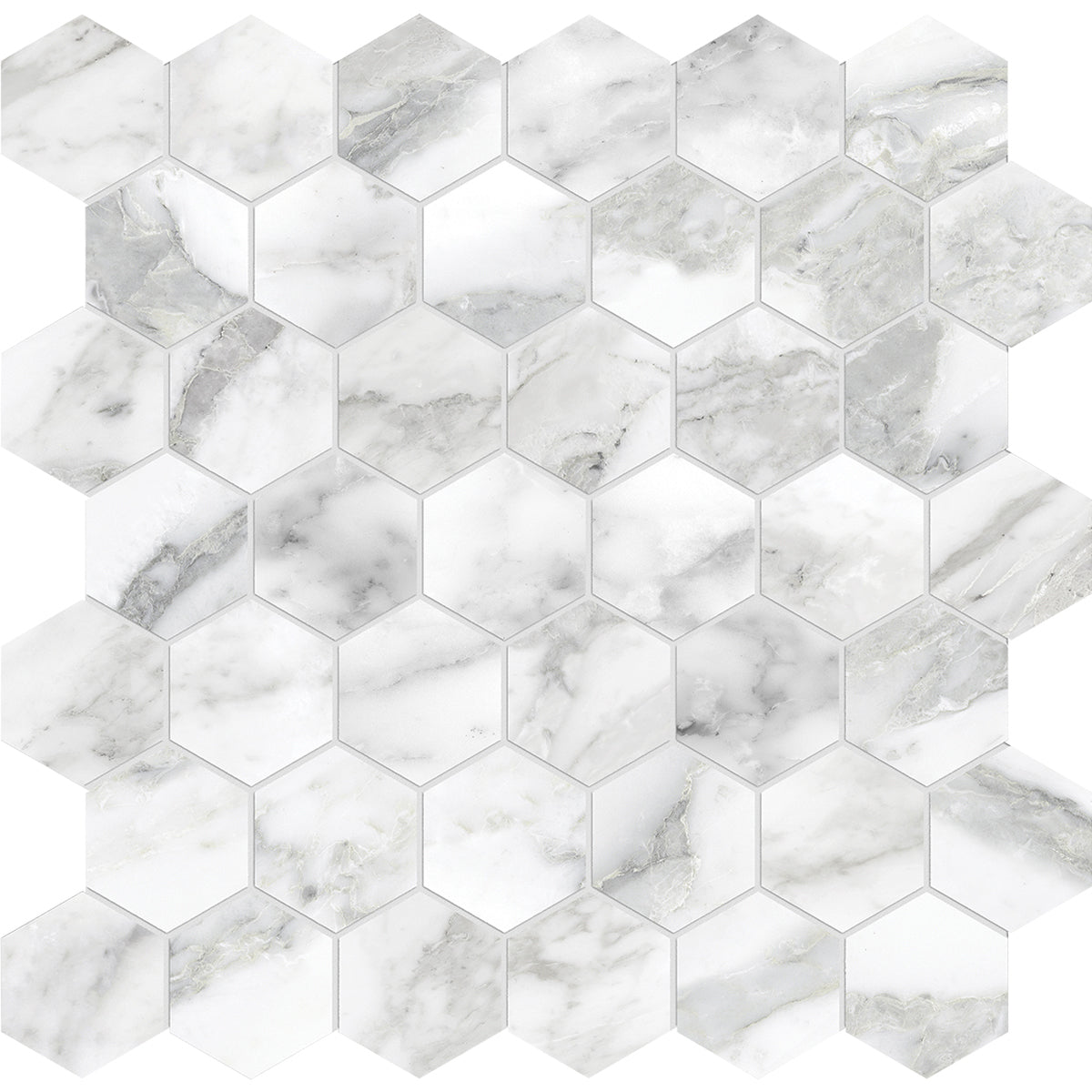 Anatolia Tile La Marca 2 Inch Hexagon Arabescato Honed Porcelain Mosaics. 1 Sheet = .96 Sq. Ft. 4501-0349-0 Arabescato 2" Hexagon Honed - premium natural stone mosaic tile from Anatolia Tile, available at PoshHaus showroom in Keene, NH