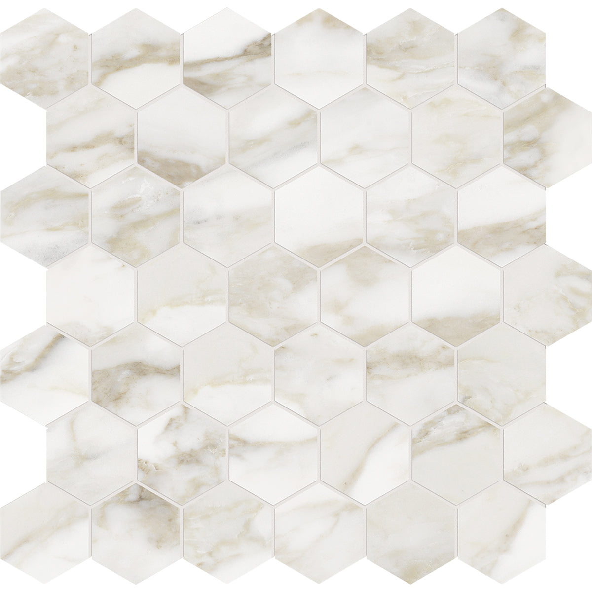 Anatolia Tile La Marca 2 Inch Hexagon Calacatta Honed Porcelain Mosaics. 1 Sheet = .96 Sq. Ft. 4501-0351-0 Calacatta Paonazzo 2" Hexagon Honed - premium natural stone mosaic tile from Anatolia Tile, available at PoshHaus showroom in Keene, NH