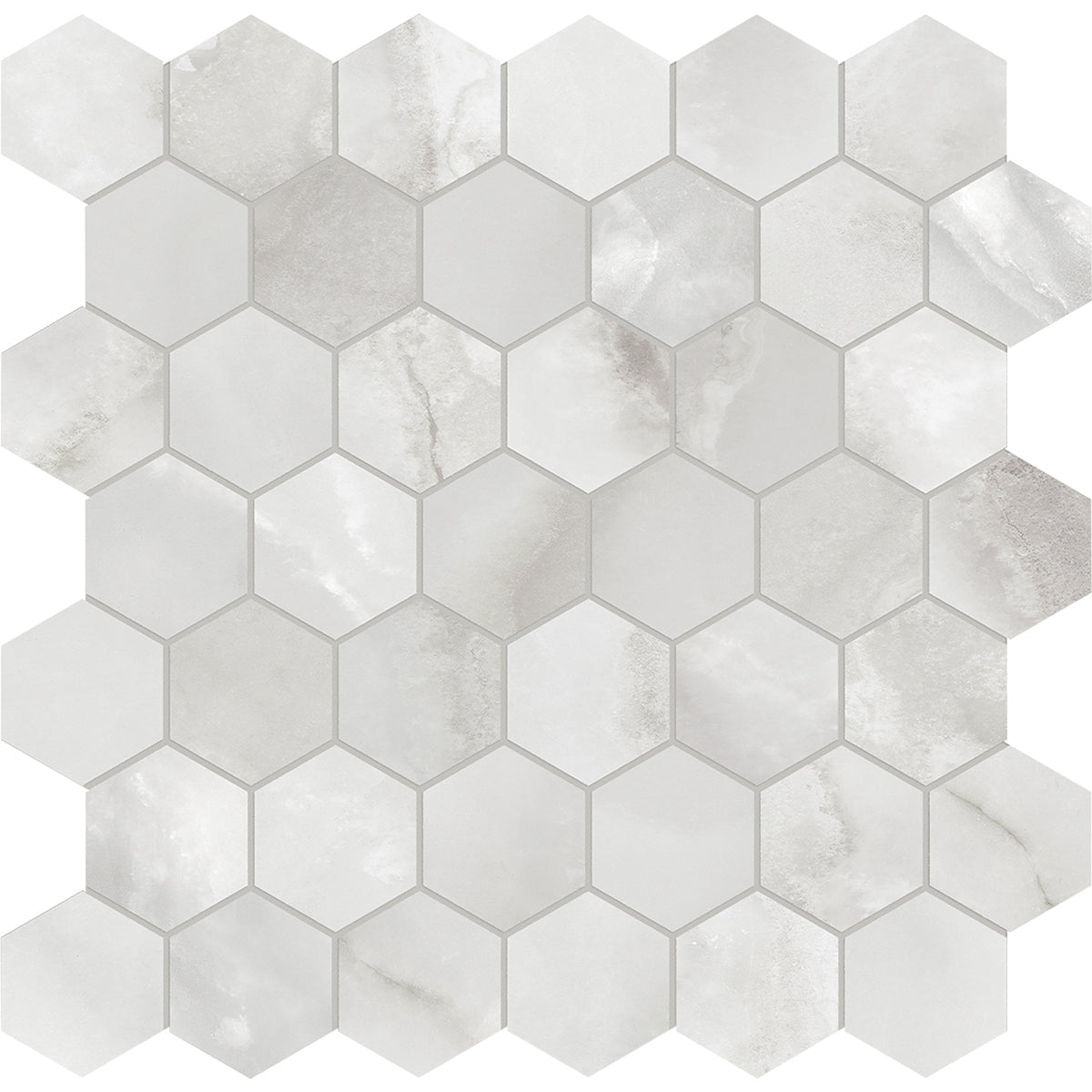 Anatolia Tile La Marca 2 Inch Hexagon Onyx Honed Porcelain Mosaics. 1 Sheet = .96 Sq. Ft. 4501-0354-0 Onyx Nuvolato 2" Hexagon Honed - premium natural stone mosaic tile from Anatolia Tile, available at PoshHaus showroom in Keene, NH