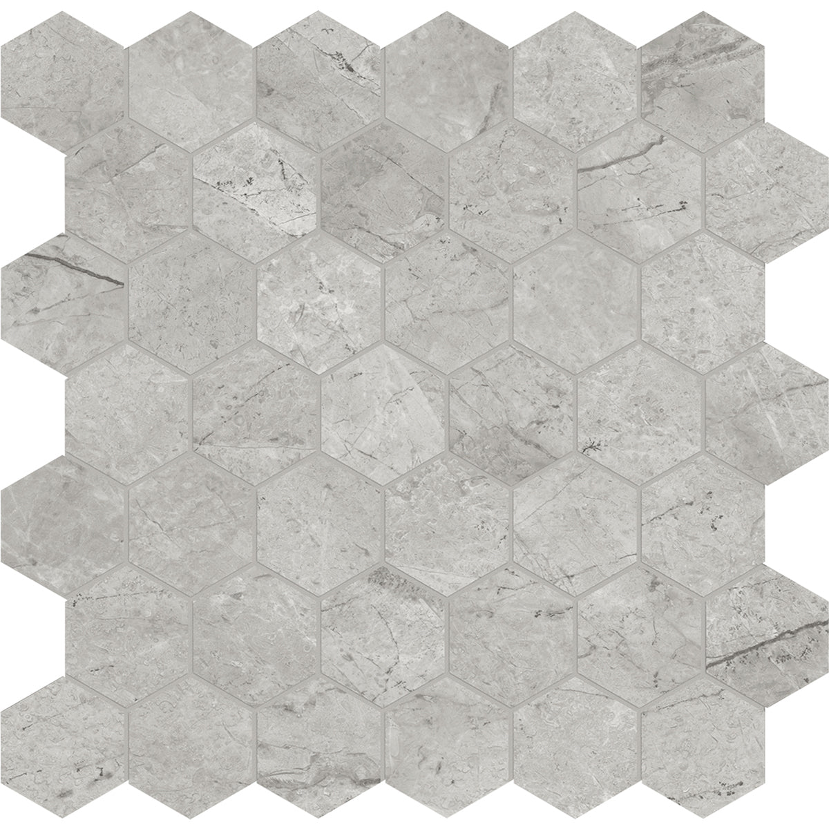 Anatolia Tile La Marca 2 Inch Hexagon Paradiso Polished Porcelain Mosaics. 1 Sheet = .96 Sq. Ft. 4501-0344-0 Paradiso Argento 2" Hexagon Polished - premium natural stone mosaic tile from Anatolia Tile, available at PoshHaus showroom in Keene, NH