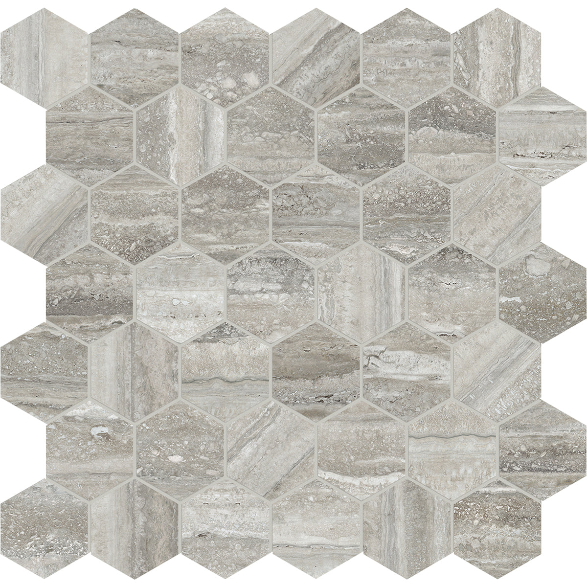 Anatolia Tile La Marca 2 Inch Hexagon Travertino Polished Porcelain Mosaics. 1 Sheet = .96 Sq. Ft. 4501-0346-0 Travertino Instrata 2" Hexagon Polished - premium natural stone mosaic tile from Anatolia Tile, available at PoshHaus showroom in Keene, NH