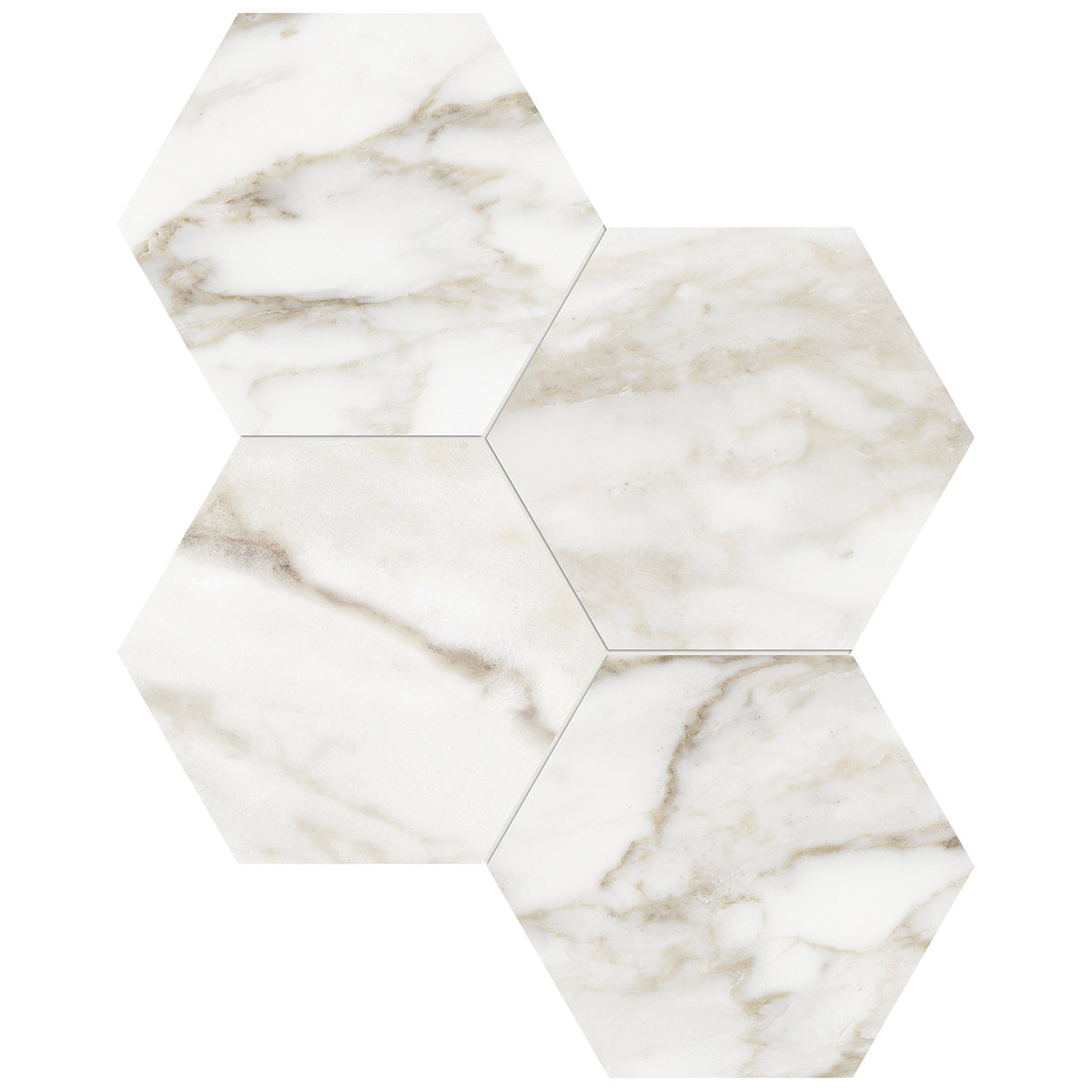 Anatolia Tile 6" Hexagon La Marca Nero Honed & Rectified Porcelain Mosaic - 1 Sheet = .797 - 4501-0333-0" Calacatta Paonazzo 6" Hexagon Honed - premium natural stone mosaic tile from Anatolia Tile, available at PoshHaus showroom in Keene, NH