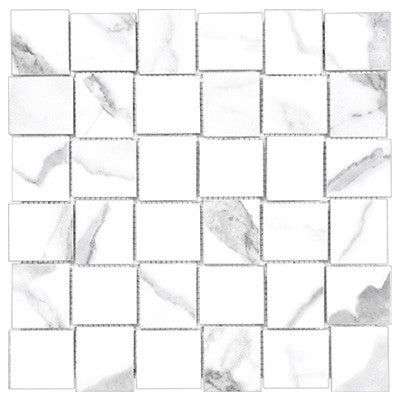 Anatolia Tile 2X2 Basketweave Mayfair Statuario Venato Matte Porcelain Mosaics. 1 Sheet = .98 Sq. Ft. 4501-0139-1 Statuario Venato 2x2 Basketweave Matte - premium natural stone mosaic tile from Anatolia Tile, available at PoshHaus showroom in Keene, NH