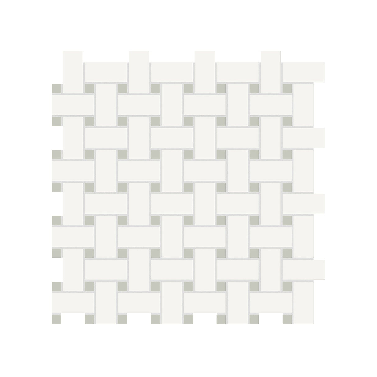 Anatolia Tile Soho Canvas White Matte Porcelain Basketweave Mosaic With Soft Sage Dot. 1 Sheet = .96 Sq. Ft. 4501-0471-0 - premium natural stone mosaic tile from Anatolia Tile, available at PoshHaus showroom in Keene, NH