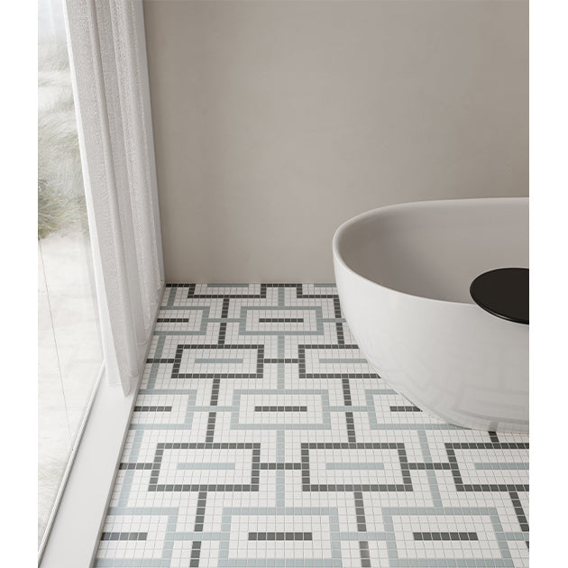 Anatolia Tile Soho Dawn Blend Chain Pattern Matte Porcelain Mosaics. 1 Sheet = .91 Sq. Ft. 4501-0546-0 - premium natural stone mosaic tile from Anatolia Tile, available at PoshHaus showroom in Keene, NH