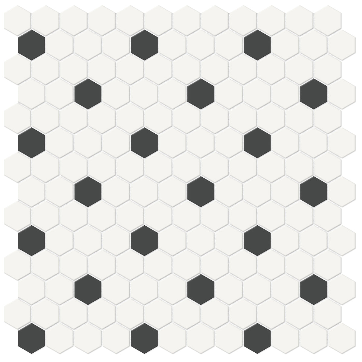 Anatolia Tile 1 Inch Soho Matte Canvas White Hexagon Mosaic With Retro Black Dots. 1 Sheet = .93 Sq Ft. 4501-0452-0  - premium natural stone mosaic tile from Anatolia Tile, available at PoshHaus showroom in Keene, NH