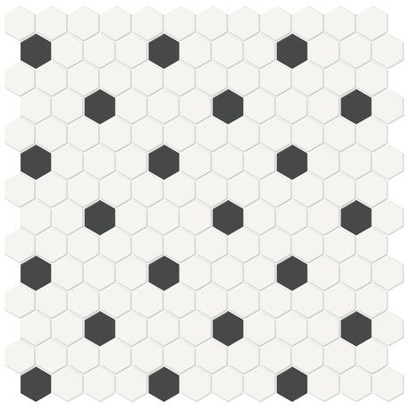 Anatolia Tile 1 Inch Soho Matte Canvas White Hexagon Mosaic With Retro Black Dots. 1 Sheet = .93 Sq Ft. 4501-0452-0  - premium natural stone mosaic tile from Anatolia Tile, available at PoshHaus showroom in Keene, NH