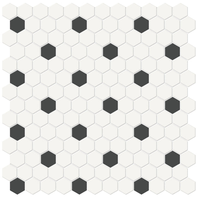 Anatolia Tile 1 Inch Soho Matte Canvas White Hexagon Mosaic With Retro Black Dots. 1 Sheet = .93 Sq Ft. 4501-0452-0  - premium natural stone mosaic tile from Anatolia Tile, available at PoshHaus showroom in Keene, NH