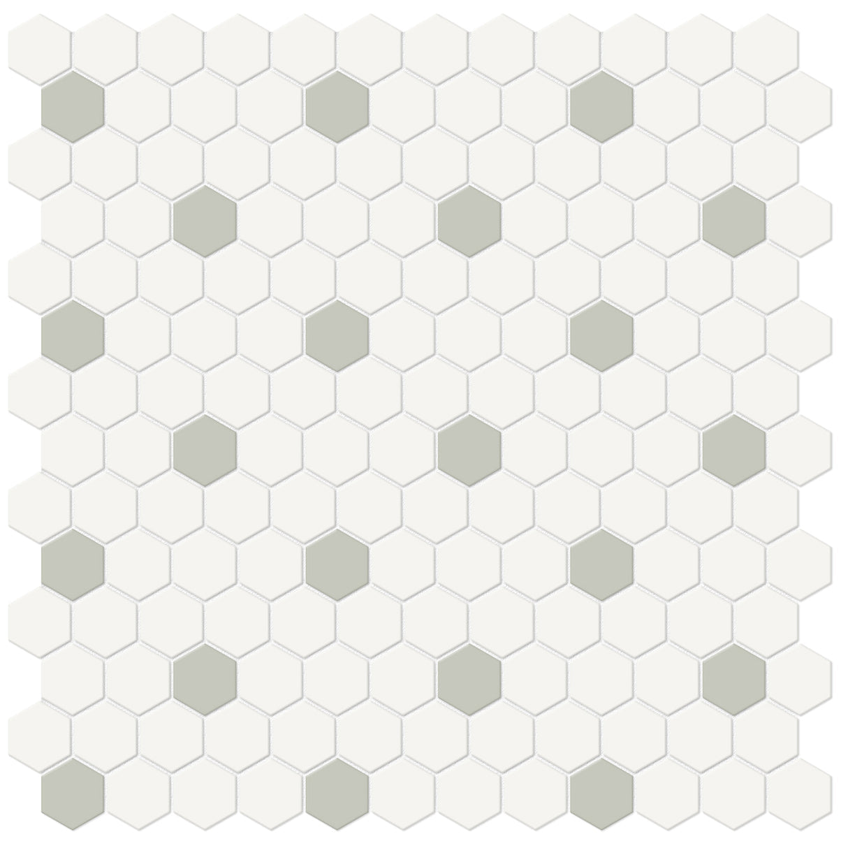 Anatolia Tile 1 Inch Soho Matte Canvas White Hexagon Mosaic With Soft Sage Dots. 1 Sheet = .93 Sq. Ft. 4501-0453-0  - premium natural stone mosaic tile from Anatolia Tile, available at PoshHaus showroom in Keene, NH