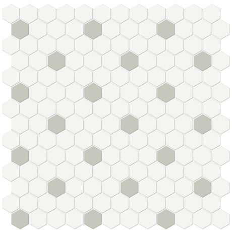 Anatolia Tile 1 Inch Soho Matte Canvas White Hexagon Mosaic With Soft Sage Dots. 1 Sheet = .93 Sq. Ft. 4501-0453-0  - premium natural stone mosaic tile from Anatolia Tile, available at PoshHaus showroom in Keene, NH