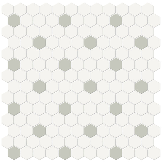 Anatolia Tile 1 Inch Soho Matte Canvas White Hexagon Mosaic With Soft Sage Dots. 1 Sheet = .93 Sq. Ft. 4501-0453-0  - premium natural stone mosaic tile from Anatolia Tile, available at PoshHaus showroom in Keene, NH
