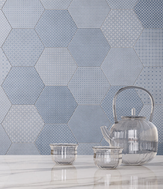Anatolia Tile 8 In Hex Tapestri Denim 4500-0986-0 Blend Denim Blend Hexagon 8.5x8.5 - premium natural stone mosaic tile from Anatolia Tile, available at PoshHaus showroom in Keene, NH