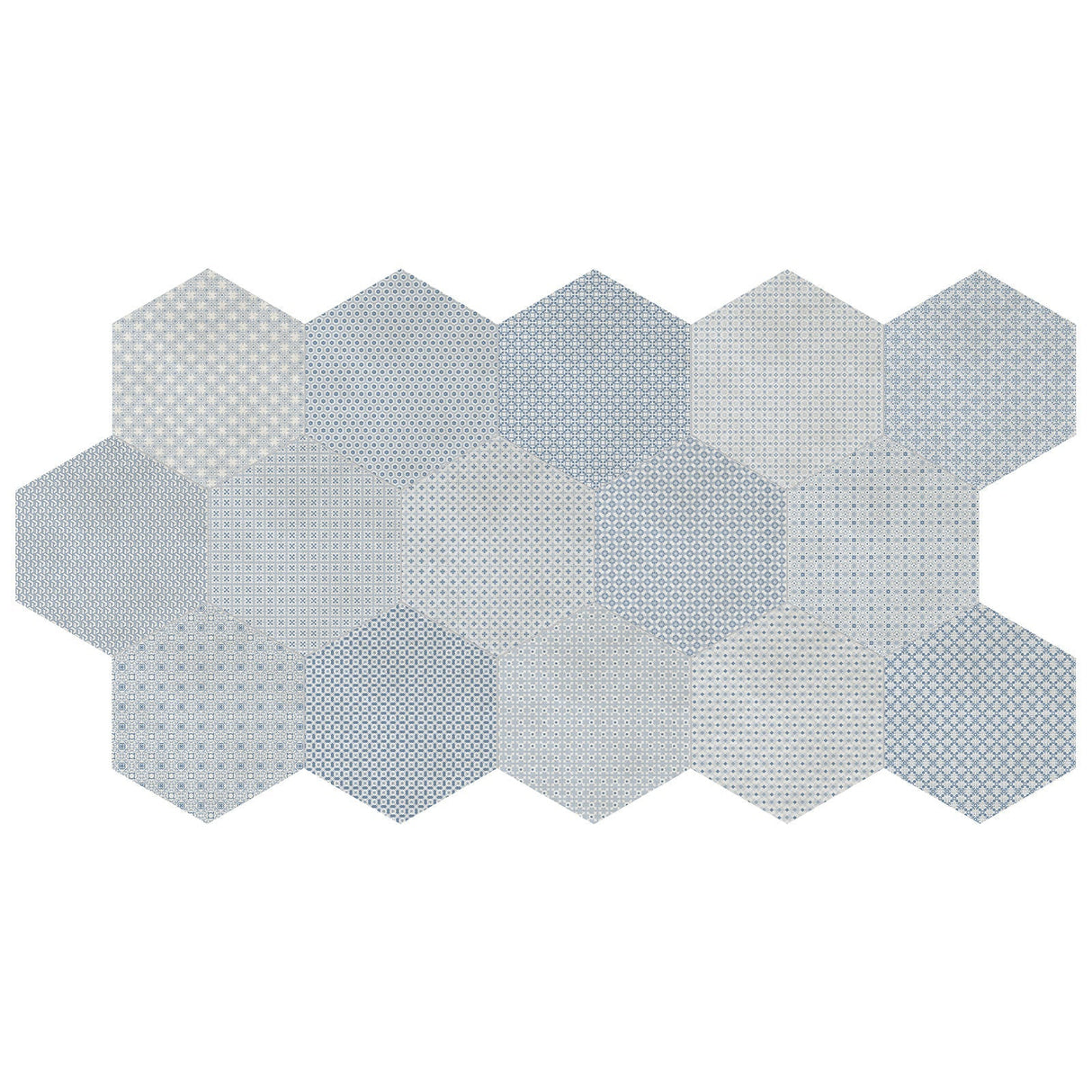 Anatolia Tile 8 In Hex Tapestri Denim 4500-0986-0 Blend Denim Blend Hexagon 8.5x8.5 - premium natural stone mosaic tile from Anatolia Tile, available at PoshHaus showroom in Keene, NH