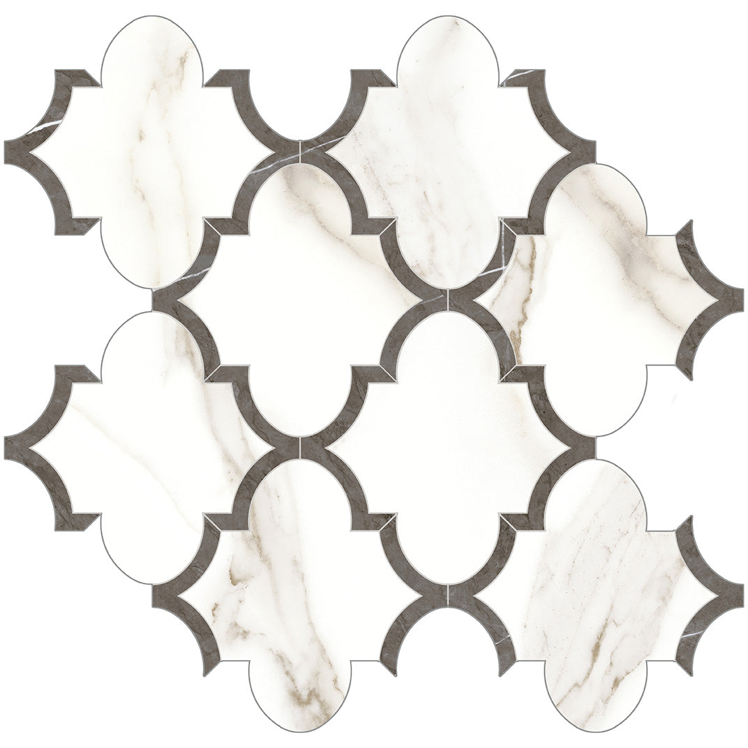 Anatolia Tile Mayfair Calacatta Oro Arabesque Polished Porcelain Mosaics. 1 Sheet = .97 Sq. Ft. 4501-0127-1 Calacatta Oro Arabesque - premium natural stone mosaic tile from Anatolia Tile, available at PoshHaus showroom in Keene, NH