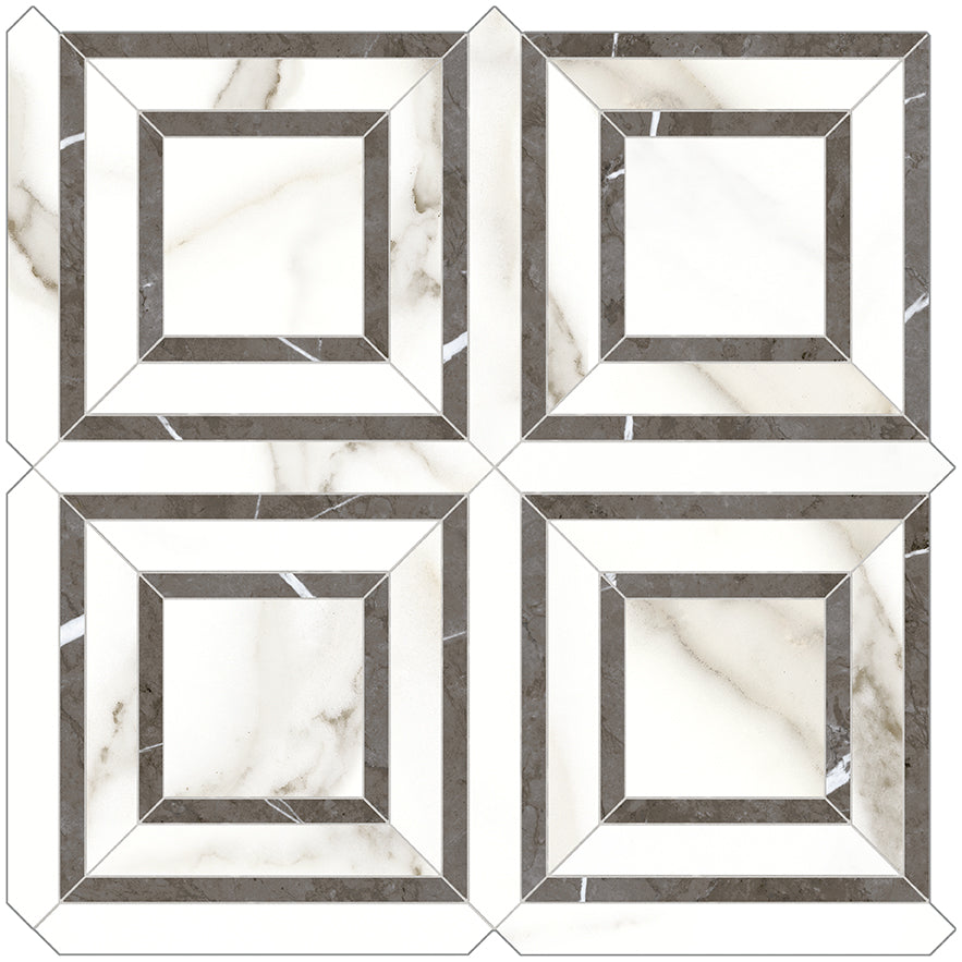 Anatolia Tile Mayfair Calacatta Piazza Polished Porcelain Mosaics. 1 Sheet = .96 Sq. Ft. 4501-0153-1 Calacatta Oro Piazza - premium natural stone mosaic tile from Anatolia Tile, available at PoshHaus showroom in Keene, NH
