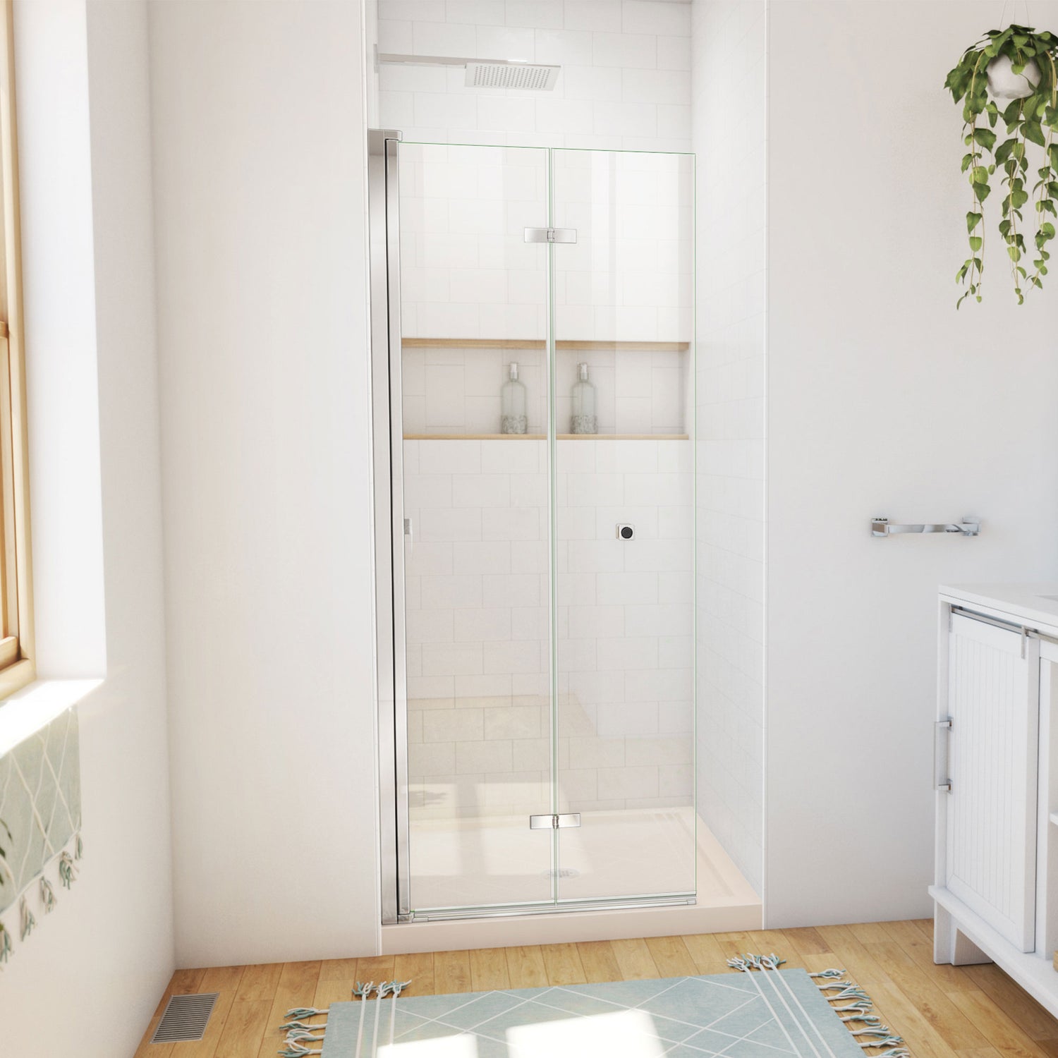 DreamLine Aqua-Q Fold 32 in. D x 32 in. W x 74 3/4 in. H Frameless Bi-Fold Shower Door in Chrome with Biscuit Acrylic Base Kit