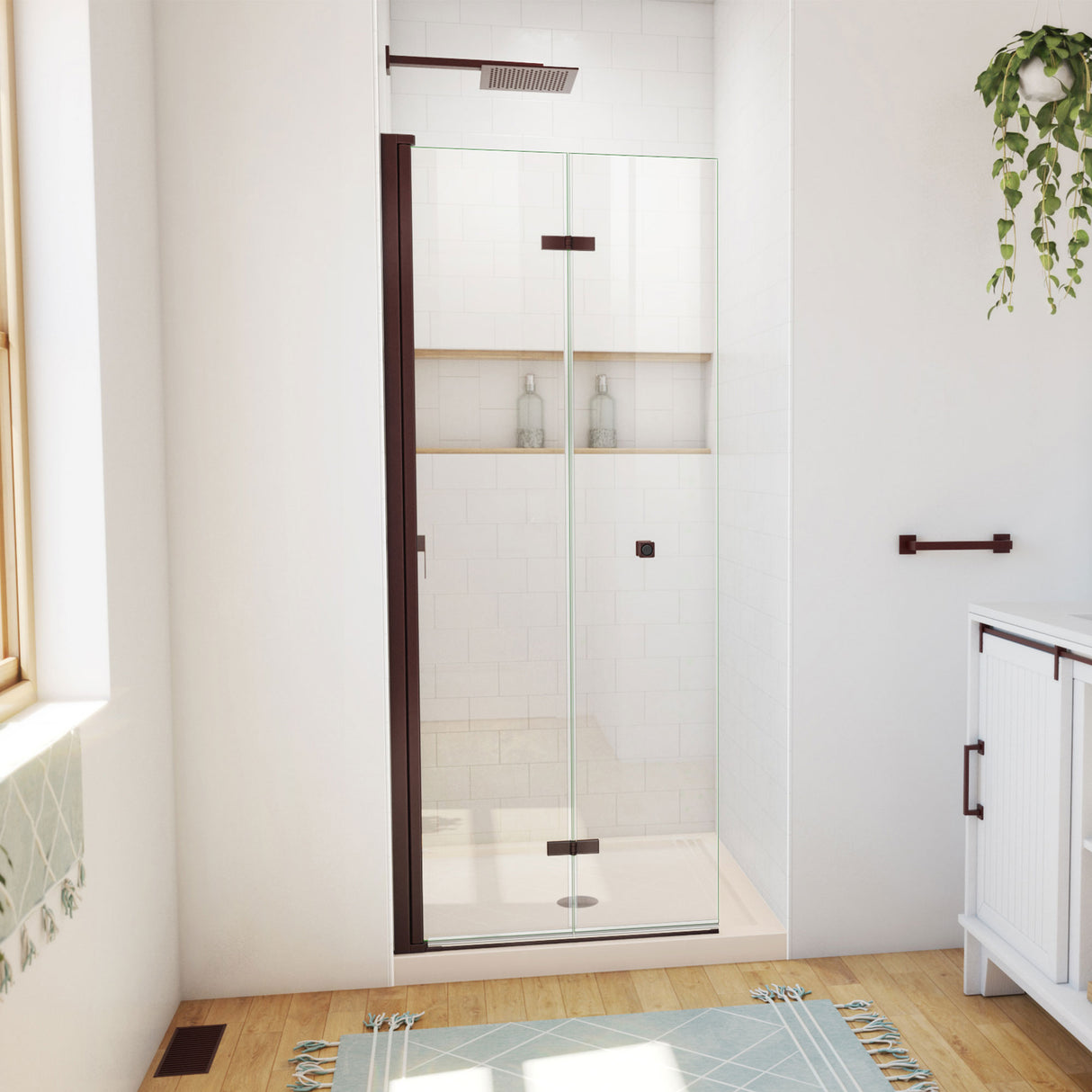 DreamLine Aqua-Q Fold 32 in. D x 32 in. W x 74 3/4 in. H Frameless Bi-Fold Shower Door in Oil Rubbed Bronze with Biscuit Base Kit