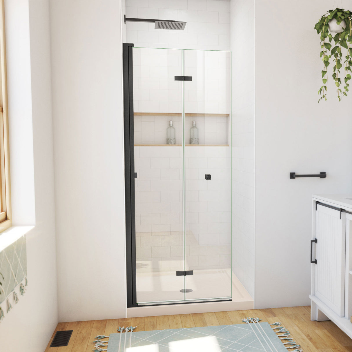 DreamLine Aqua-Q Fold 36 in. D x 36 in. W x 74 3/4 in. H Frameless Bi-Fold Shower Door in Satin Black with Biscuit Base Kit