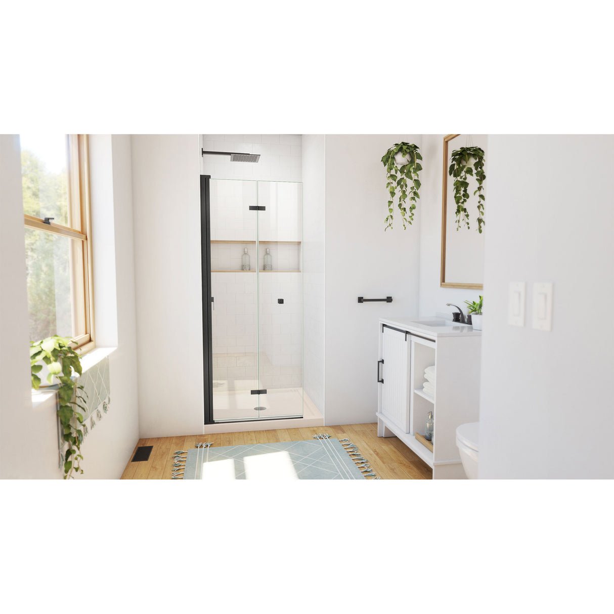 DreamLine Aqua-Q Fold 32 in. D x 32 in. W x 74 3/4 in. H Frameless Bi-Fold Shower Door in Satin Black with Biscuit Base Kit
