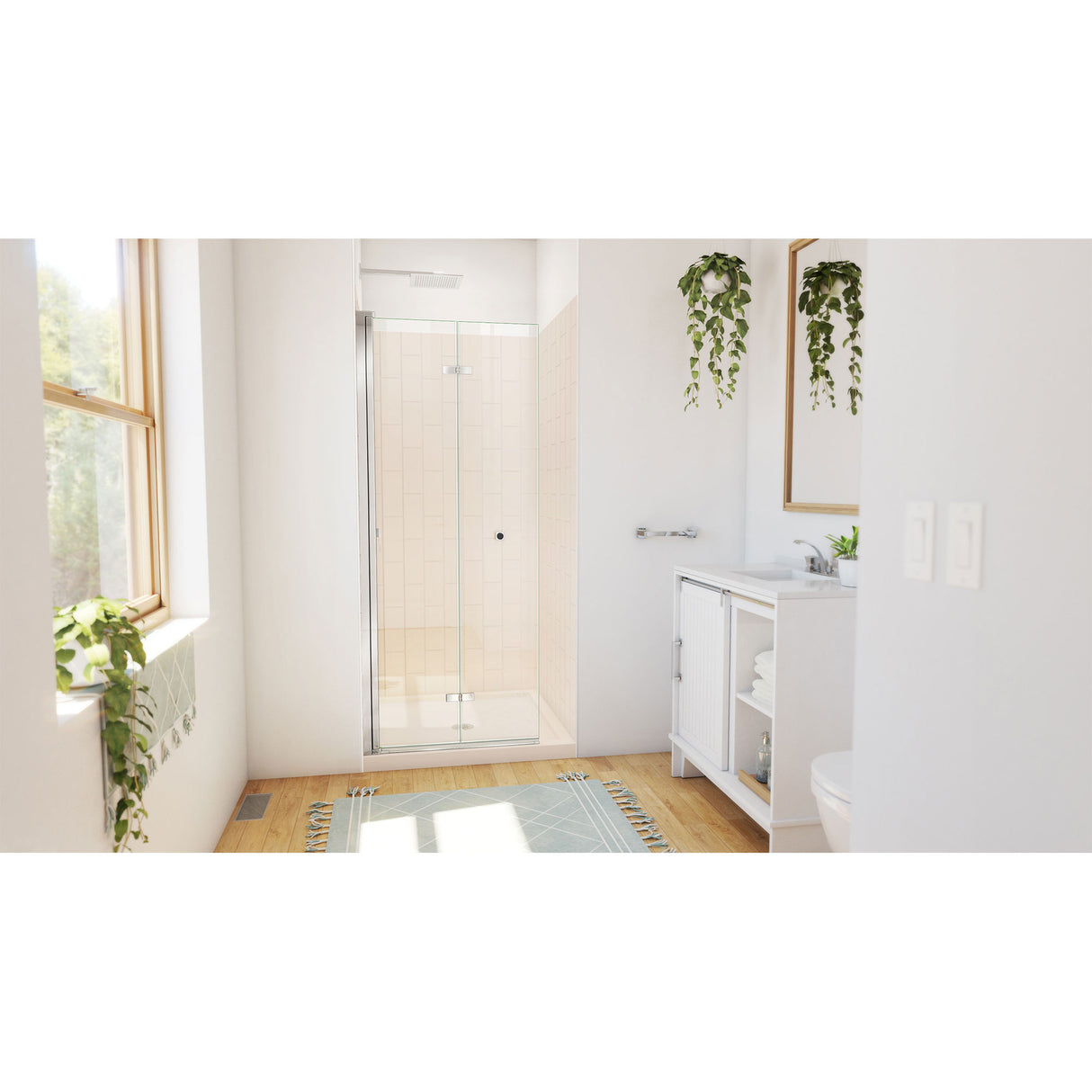 DreamLine Aqua-Q Fold 32 in. D x 32 in. W x 76 3/4 in. H Frameless Bi-Fold Shower Door in Chrome with Biscuit Acrylic Kit